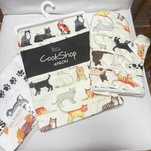CookShop Cat-Themed Apron Mitt and Tea Towel Set New